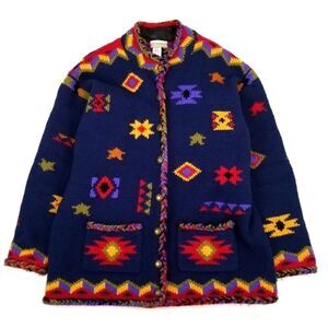 VINTAGE 100% Wool Button Down Cardigan Sweater Coat Boho Embroidered Knit Large